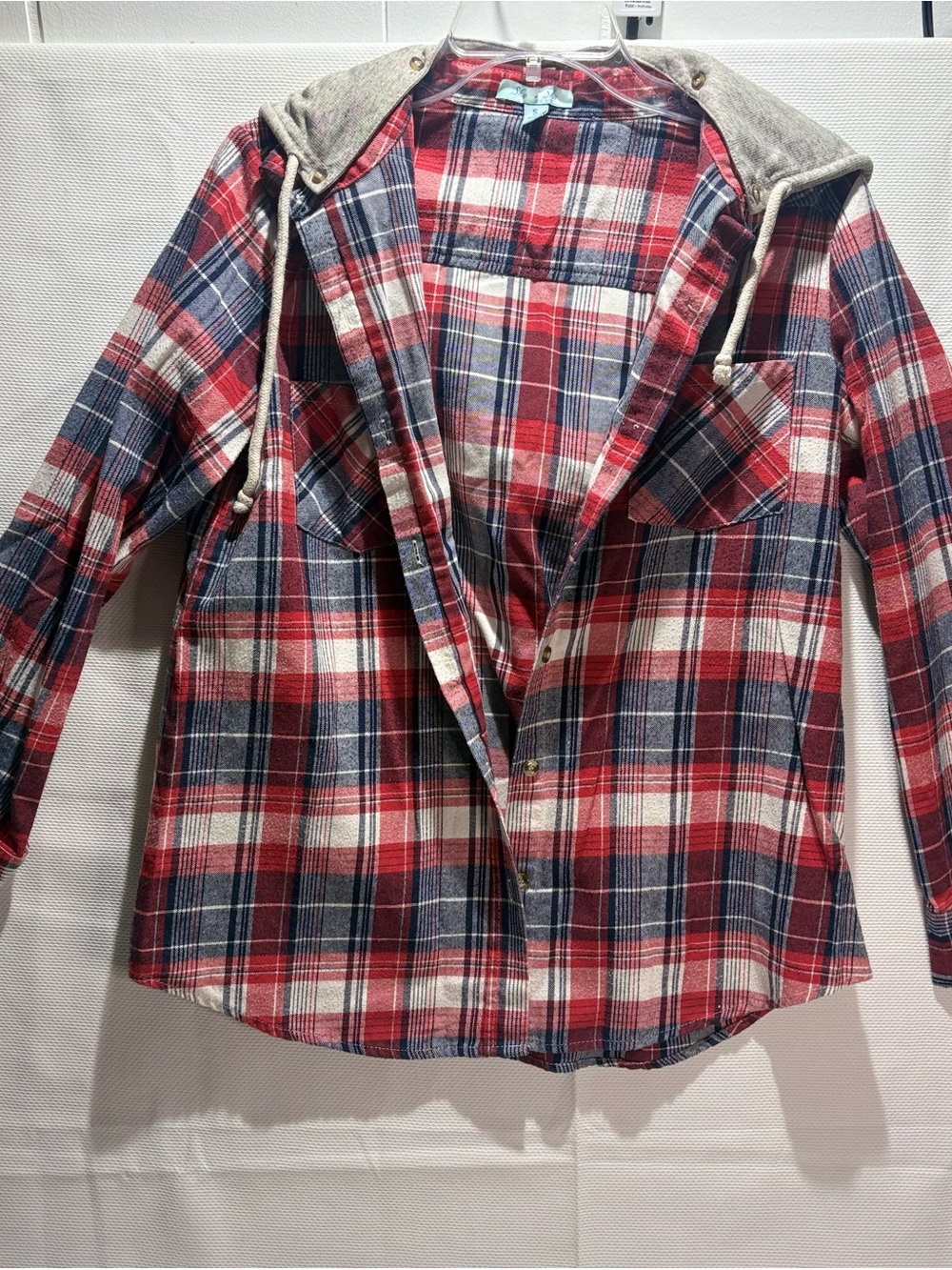She + Sky Red, Blue & White Plaid Hooded Button-Down Shirt